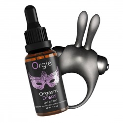 Set pentru stimulare clitoris, inel vibrator Bunny si gel intim Orgasm Drops 30 ml