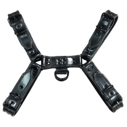 Ham Bondage din piele, Leather h front harness black with black accessories small